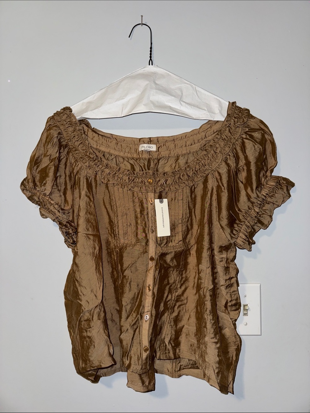Pilcro Brown Short-Sleeve Ruffle-Trim Button Blouse